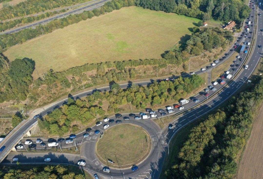 Traffic building on the A20 near Leeds Castle as freight is queued up on the M20 towards Dover between junctions 8 and 9 as a result of the search for Daniel Abed Khalife. Picture: UKNIP