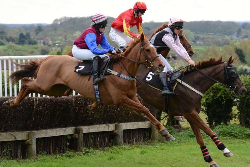 Moscow Blaze and jockey Page Fuller (far left) on their way to victory in the 2014 Kent Grand National at Charing Picture: Ginni Beard