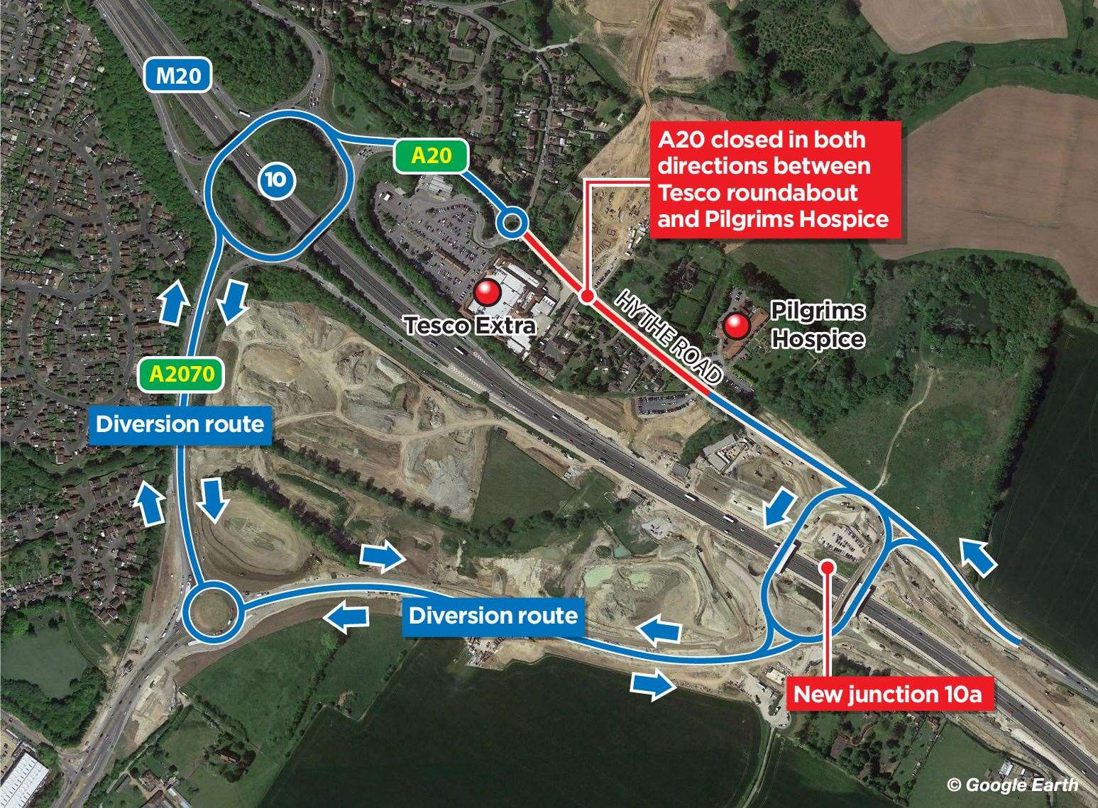 The diversion route uses the new A2070 link road