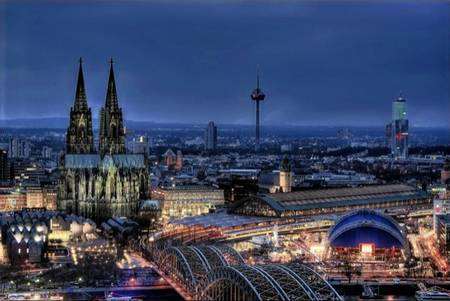 Cologne at night, aerial view