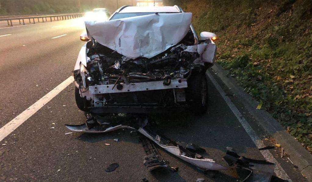 The car was severely damaged after a crash on the M20 on Saturday morning. Picture: @KentSpecials (4629959)