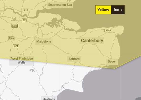 A yellow warning for ice is in place for much of Kent. Photo: Met Office