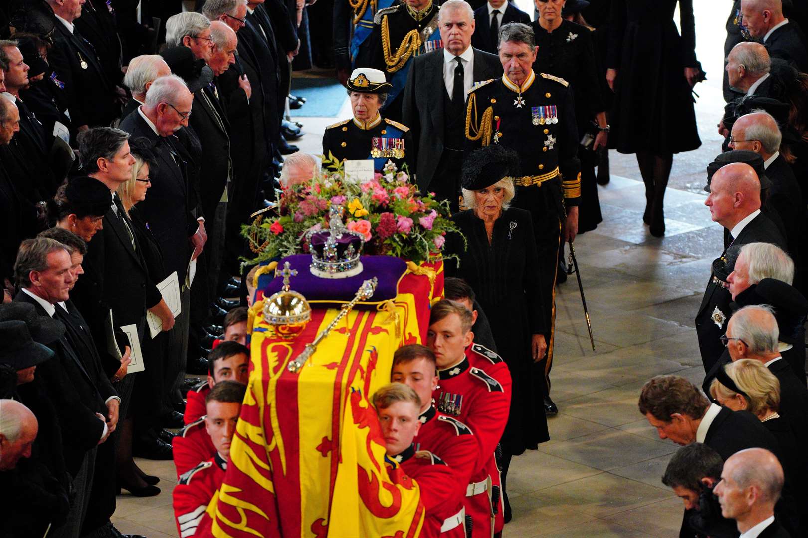 King Charles III and senior members of the royal family walk behind the coffin at the Committal Service for Queen Elizabeth II at Windsor Castle. Picture: PA