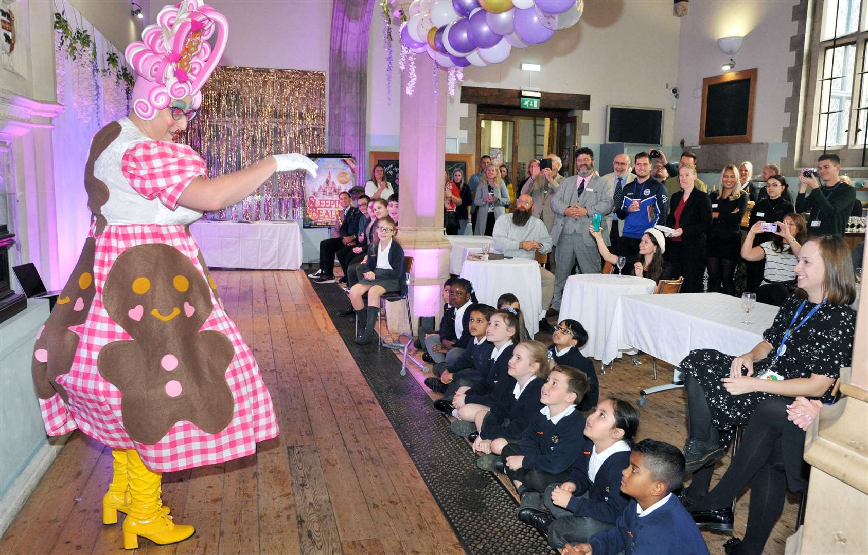 Maid Joan performing in front of students from West Borough Primary School (Picture courtesy of Paul Clapp, Limelight Studios)