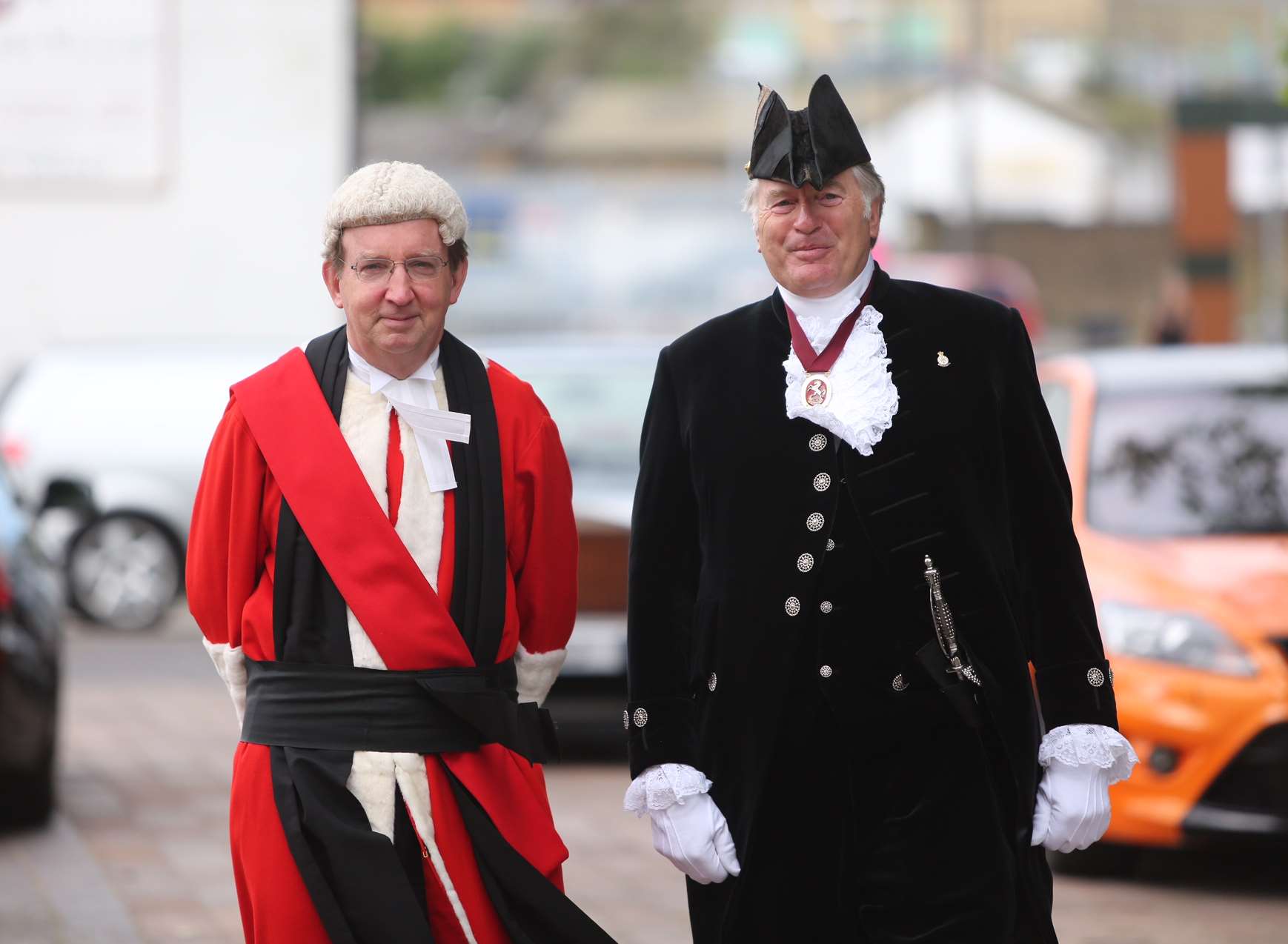 High Court judge Mr Justice Stuart Smith arrives at Maidstone's Crown Court with George Jessel, High Sheriff of Kent. Picture by Matt Walker