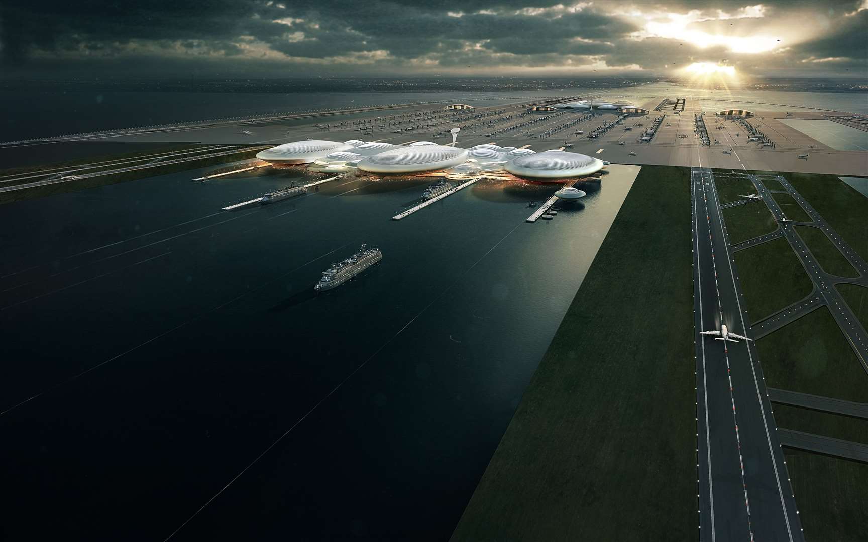An artist's impression of London Britannia airport in the Thames Estuary - one of the many futuristic designs for what was dubbed 'Boris Island'