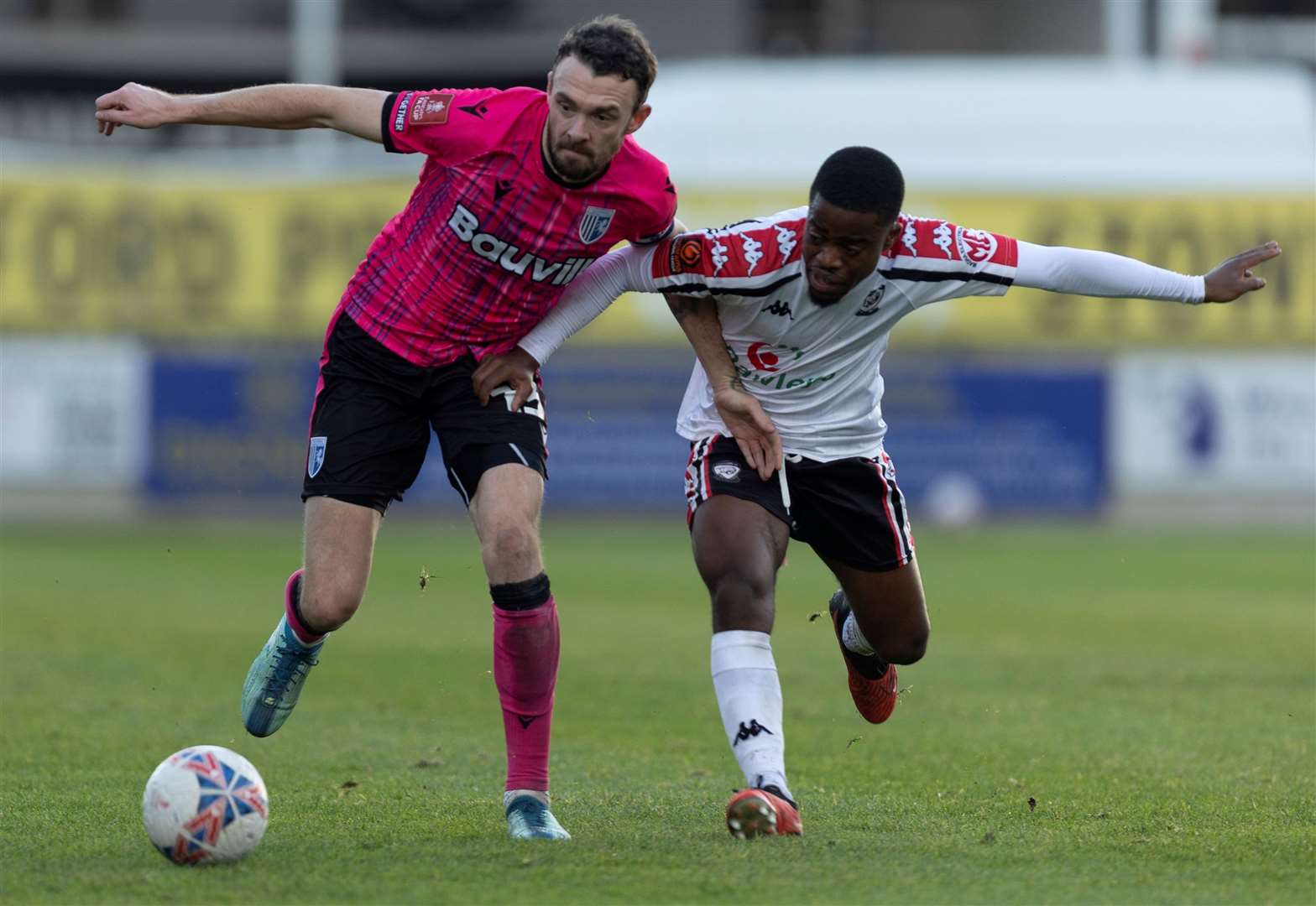 Gillingham’s Scott Malone battles for possession at Hereford in the FA Cup First Round. Picture: @Julian_KPI