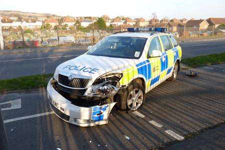 Police cars were damaged after officers tried to stop a car in Folkestone