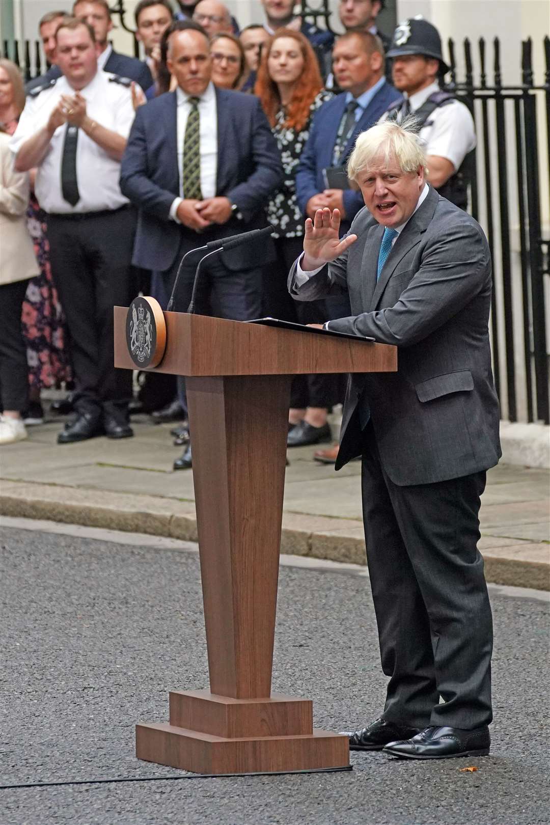 Then-outgoing prime minister Boris Johnson speaking outside 10 Downing Street (PA)
