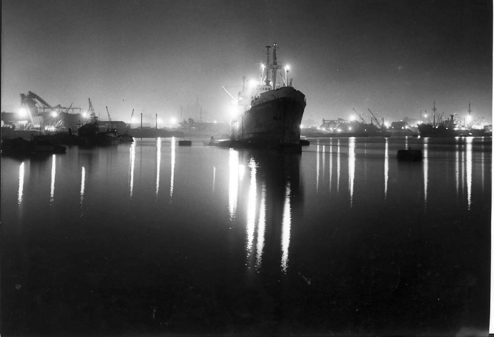 Night view of ships on the River Medway