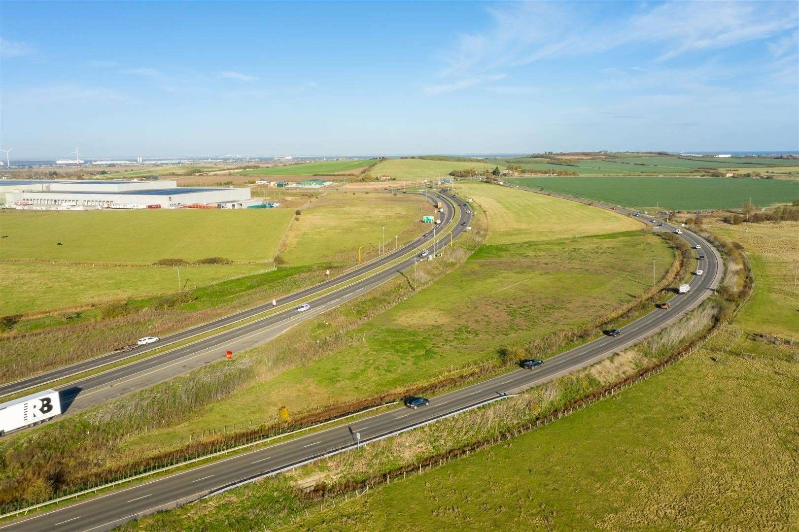 Aerial shot of parcels of land between the Sheppey Way and Ferry Road which are being sold as part of the Cowstead Farm sale. Picture: George Webb Finn
