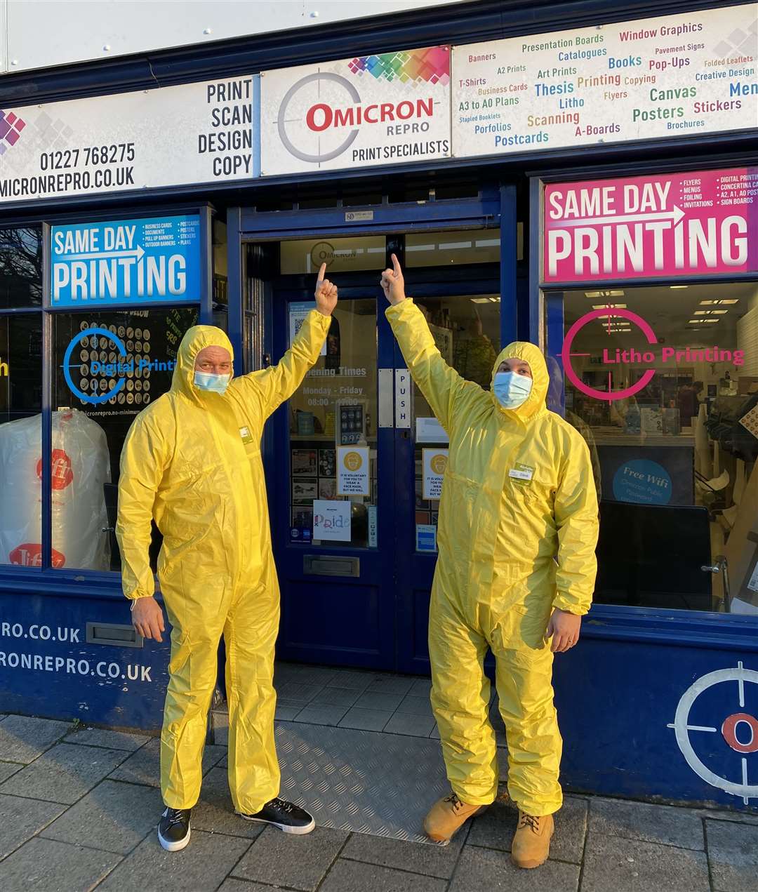 Omicron Repro owner Mark Fawcett-Jones and director Dave Loveridge had this picture of them taken outside the Canterbury store in Breaking Bad costumes Picture: Omicron Repro