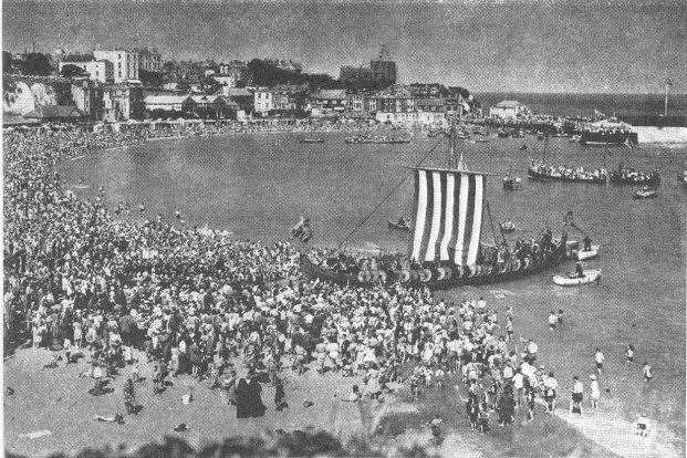 The 1949 arrival of the the Viking Ship Hugin at Broadstairs main beach, now known as a result of the day as Viking Bay. Picture: Jorgen Rogel/Thanet District Council