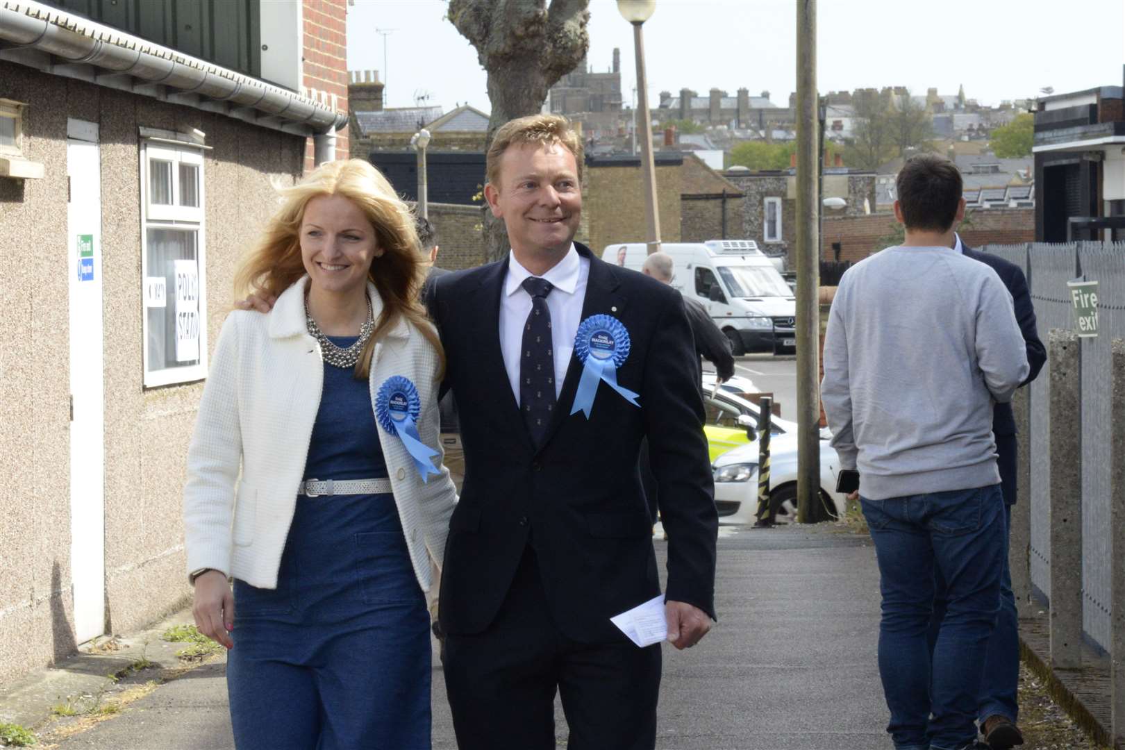 Conservative candidate Craig Mackinlay arrives to vote in Ramsgate with his wife Kati