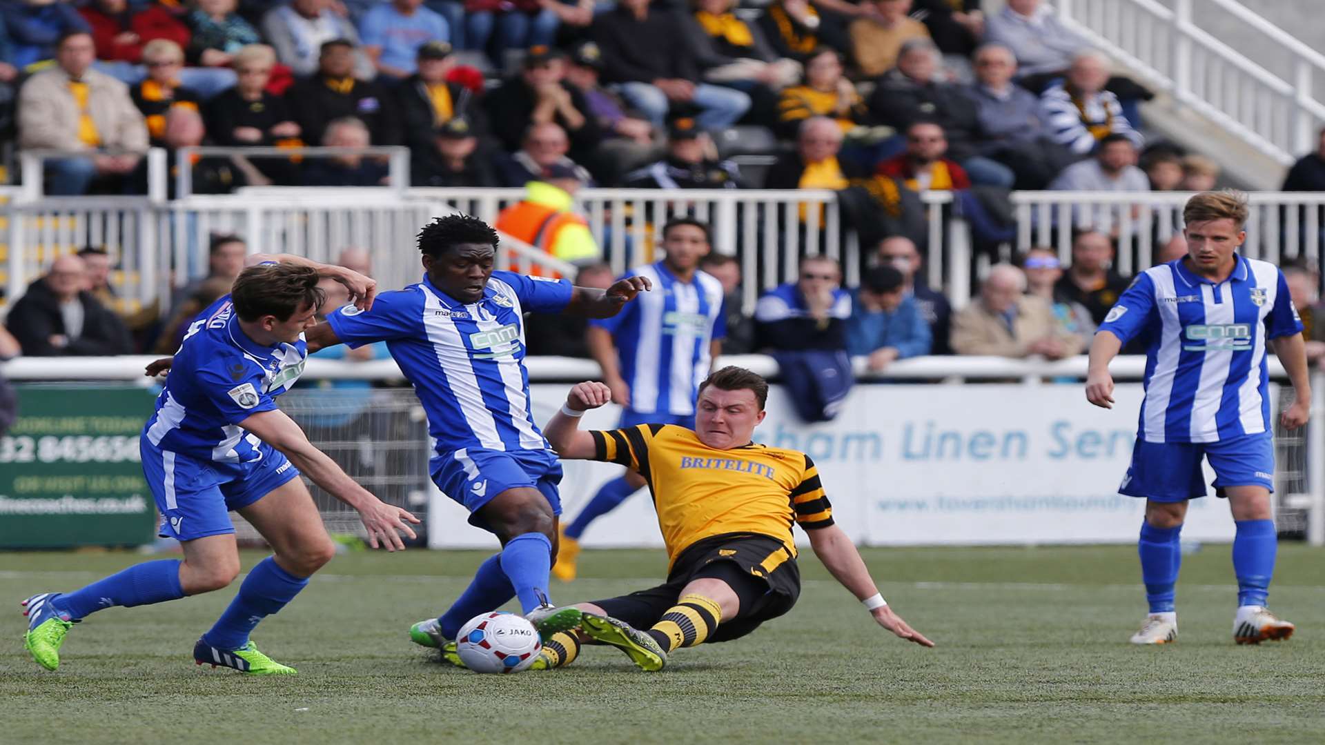 Action from Maidstone's 1-1 draw with Bishop's Stortford as Alex Flisher gets stuck in Picture: Andy Jones