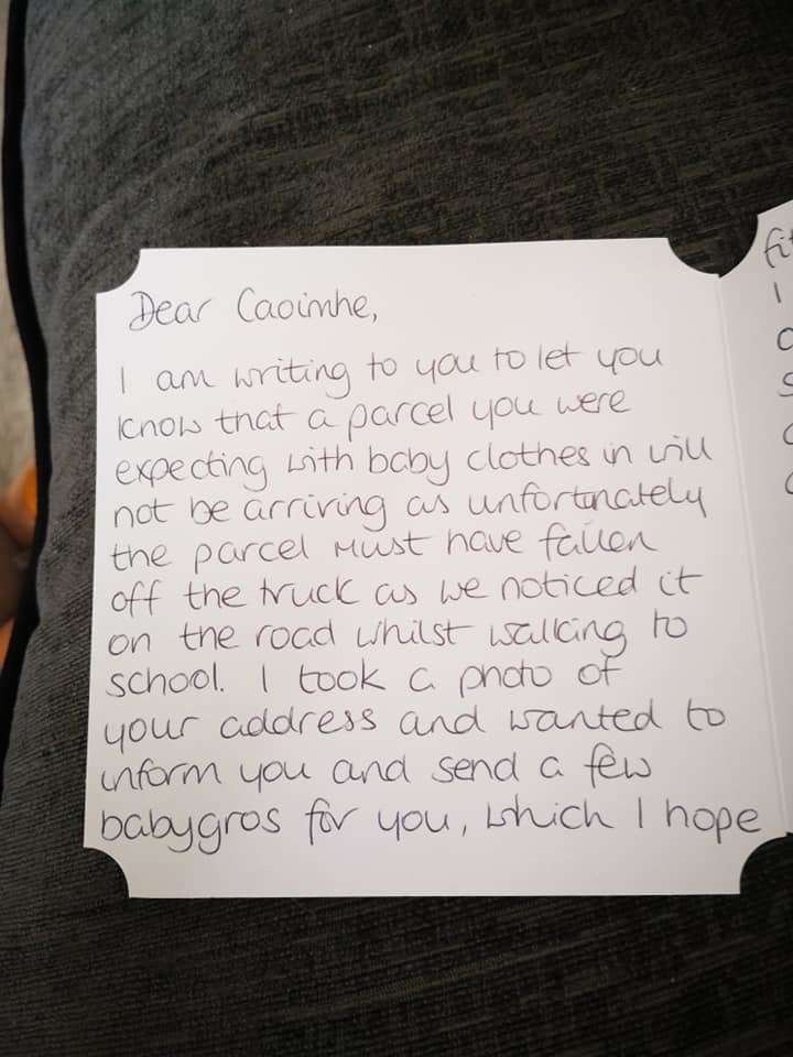 The note sent to Caoimhe Mcconway after the parcel was found in Maidstone