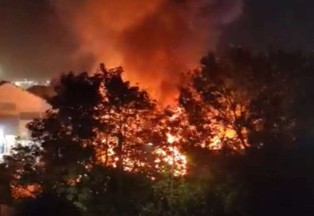 The flames could be seen behind the trees. Picture: George Chris