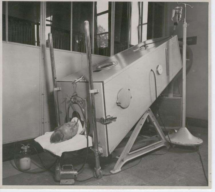 A patient receiving treatment in an Iron Lung in 1949