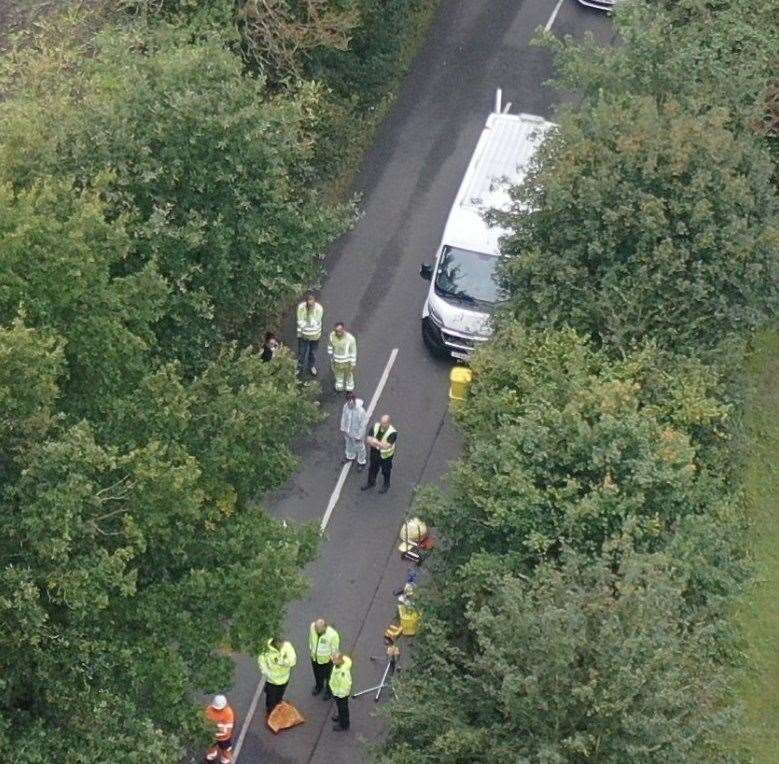 An aerial photo of the scene of the accident in Lenham Road, Headcorn Picture: UKNIP