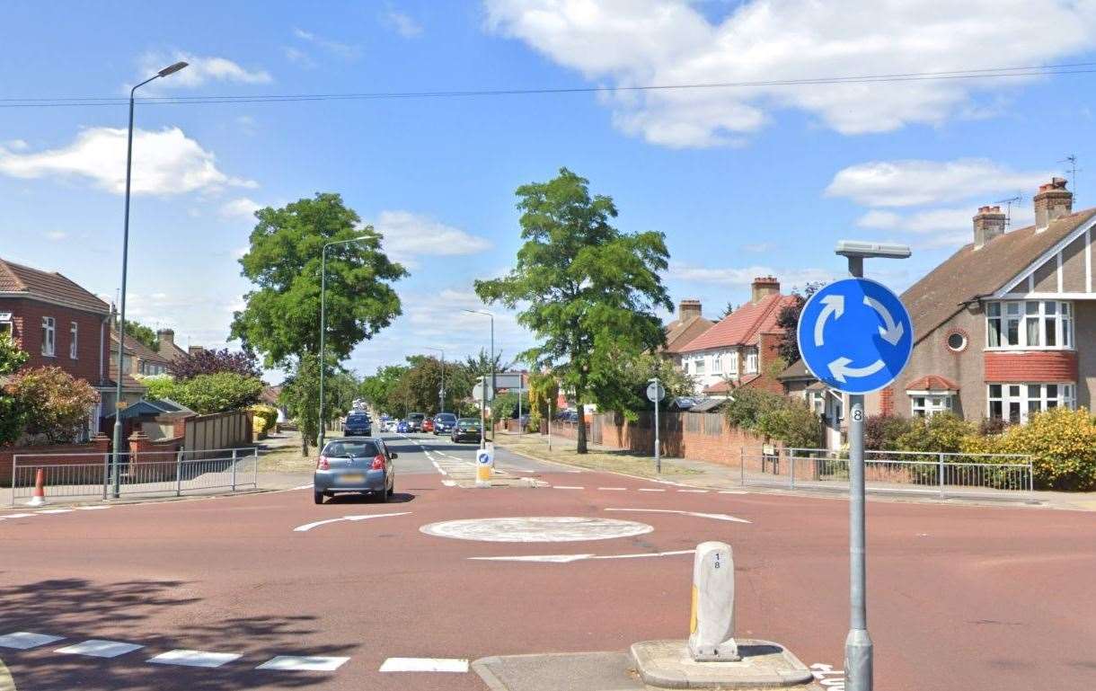 A motorbike crashed into a car at the roundabout in Little Heath Road, Bexleyheath, near Belmont Primary School after failing to stop for police. Picture: Google Street View