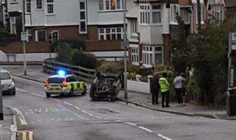 The car overturned in Broadstairs. Pic: Dan Hunt (3857678)