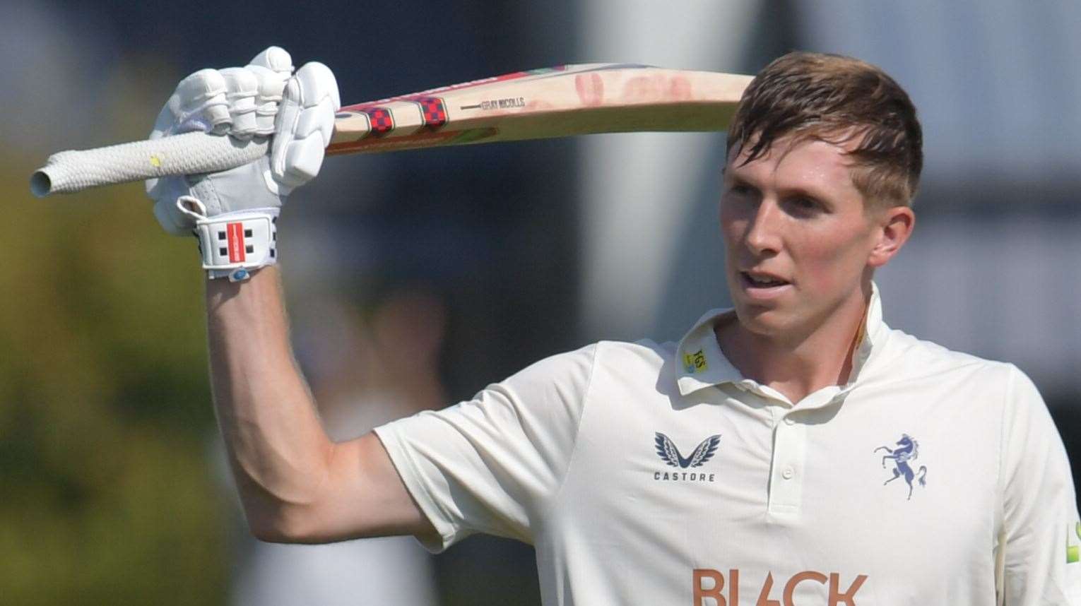 Zak Crawley, set to captain England for the first time today, celebrating his first-innings County Championship century for Kent against Nottinghamshire. Picture: Oyster Bay Photography