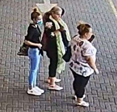 Police want to speak to these three women regarding the theft of a wallet in Maidstone Market at Lockmeadow. Picture supplied by Kent Police