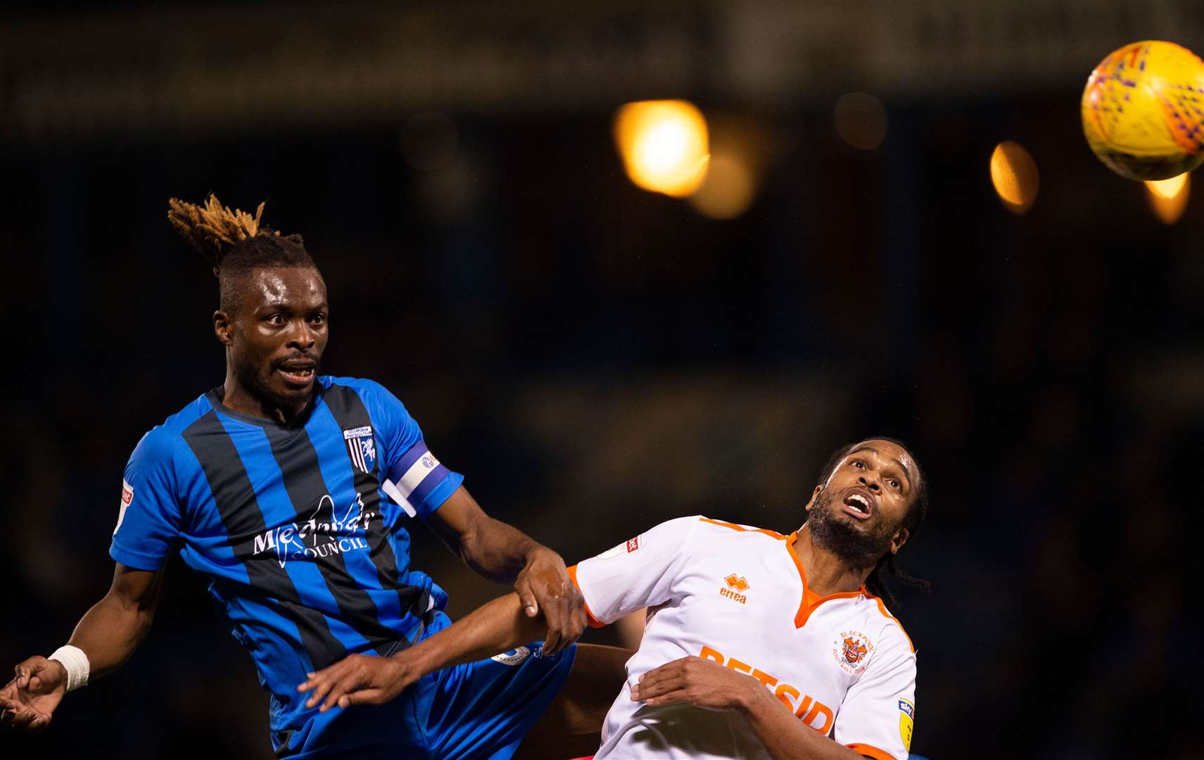 Gabriel Zakuani wins a header for the Gills against Blackpool Picture: Ady Kerry