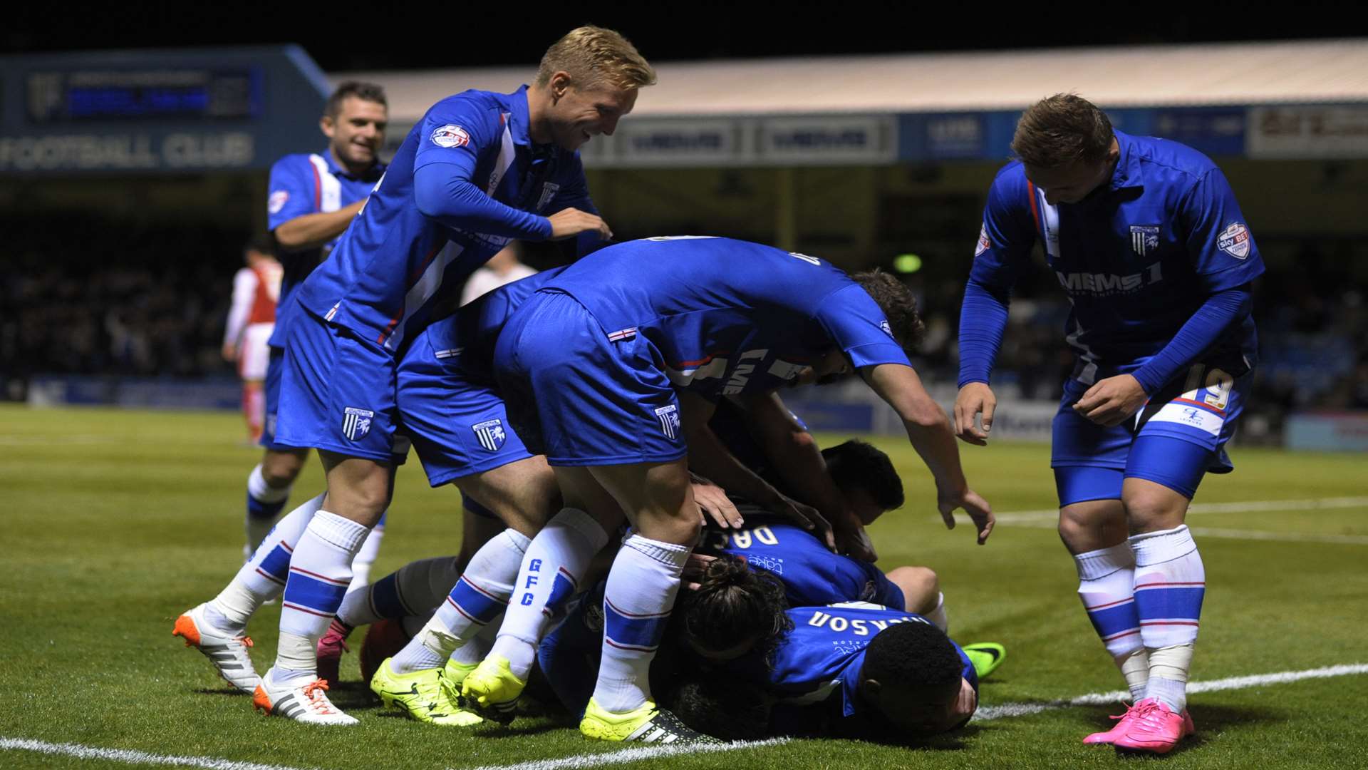 Gillingham celebrate their fourth goal against Fleetwood scored by Rory Donnelly Picture: Barry Goodwin