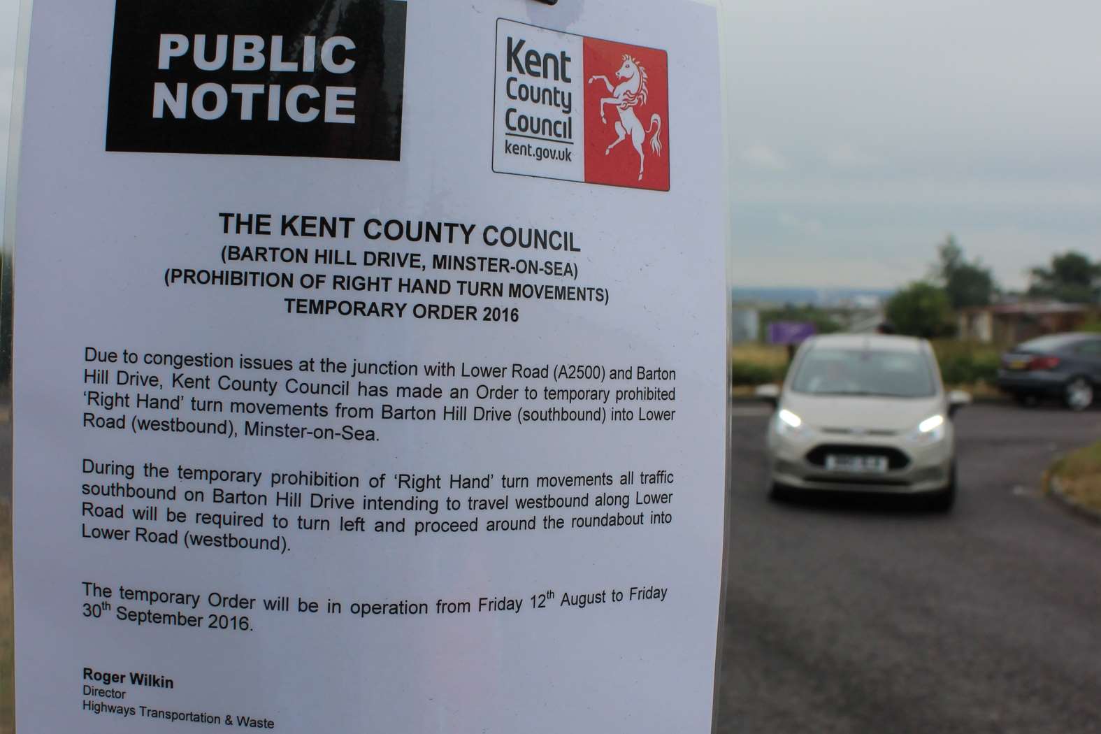 KCC Highways are stopping right turns at Barton Hill Drive, Minster, Sheppey, from Friday August 12