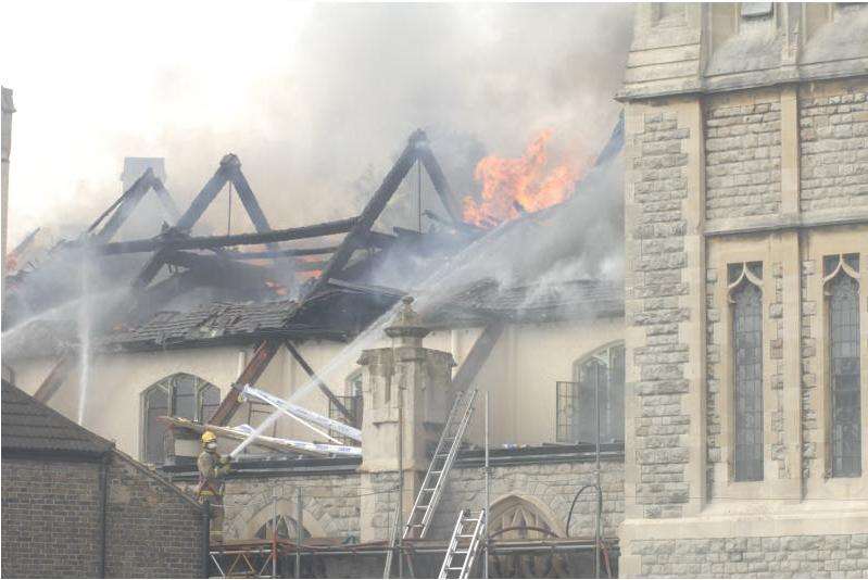 The fire which swept through the former United Reformed Church in 2007.