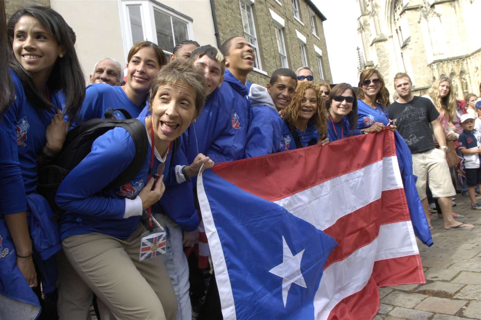 The Puerto Rico Olympic team waiting for the torch's arrival at Canterbury Cathedral