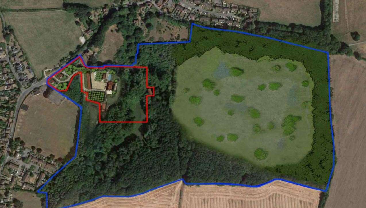 The site plan. The blue outline indicates the total extent of the land owned by Harry Fern