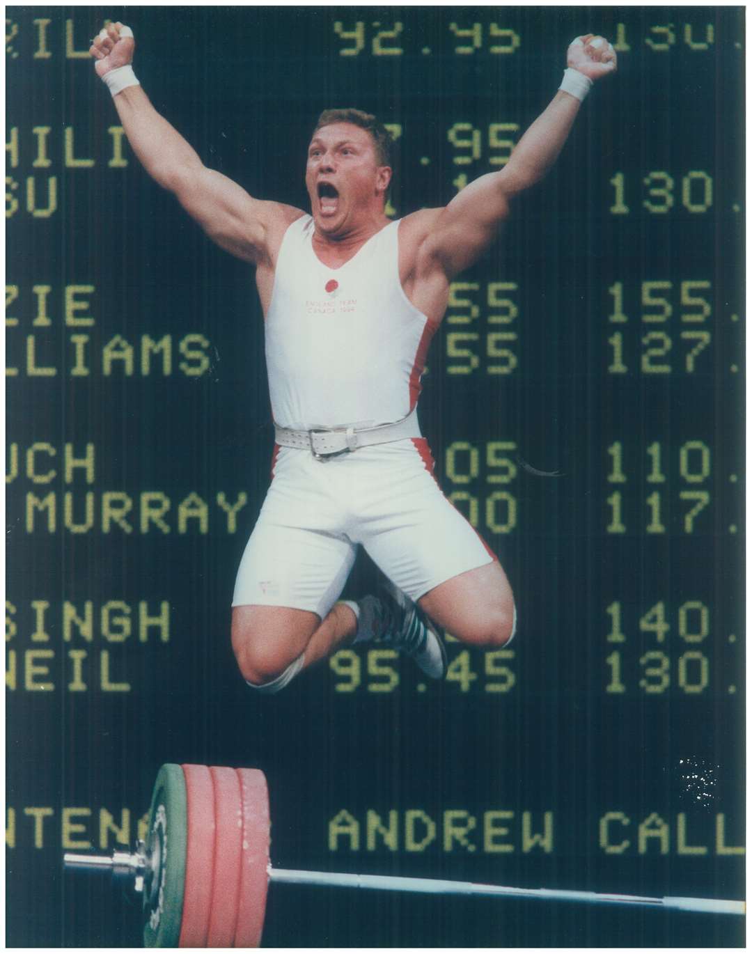 Andrew Callard celebrating a winning lift at the Canadian Commonwealth Games in 1994