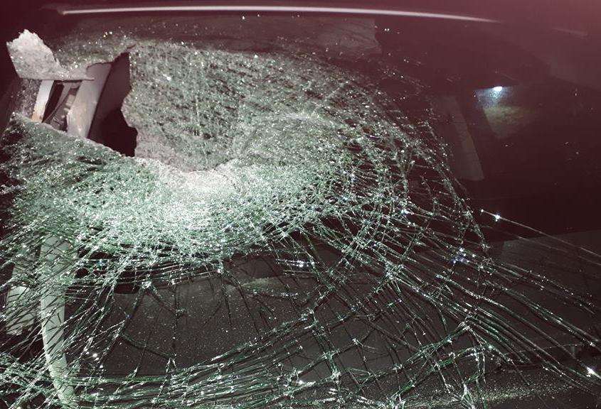 The damaged windscreen of Jackie Barrett's car after a brick was thrown from a bridge on the A2