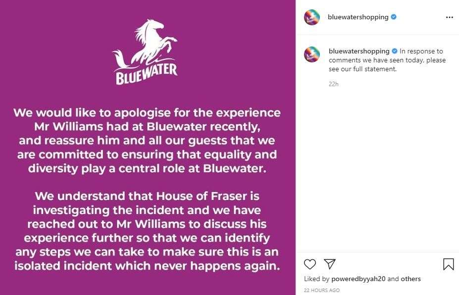 A statement by Bluewater posted on their Instagram page