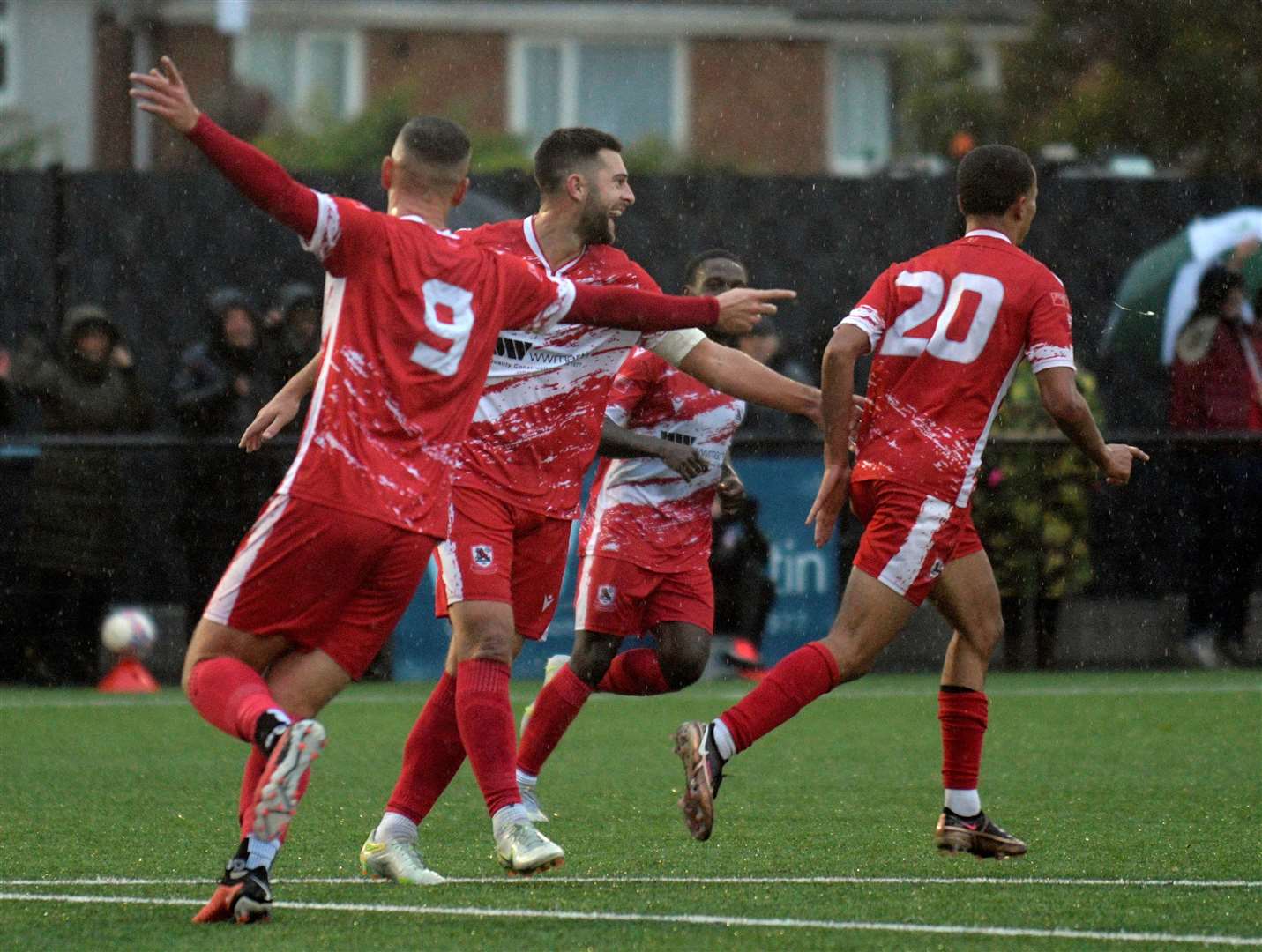 TJ Jadama (No.20) celebrates after scoring Ramsgate’s equaliser against Woking. Picture: Barry Goodwin
