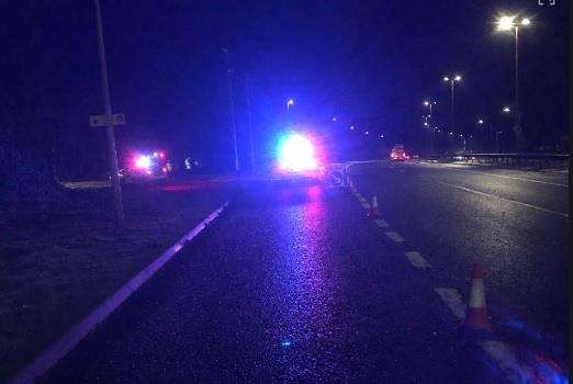 Part of the A229 Thanet Way coned off last night after a car crashed into a tree. Picture: Kent Police (5834603)
