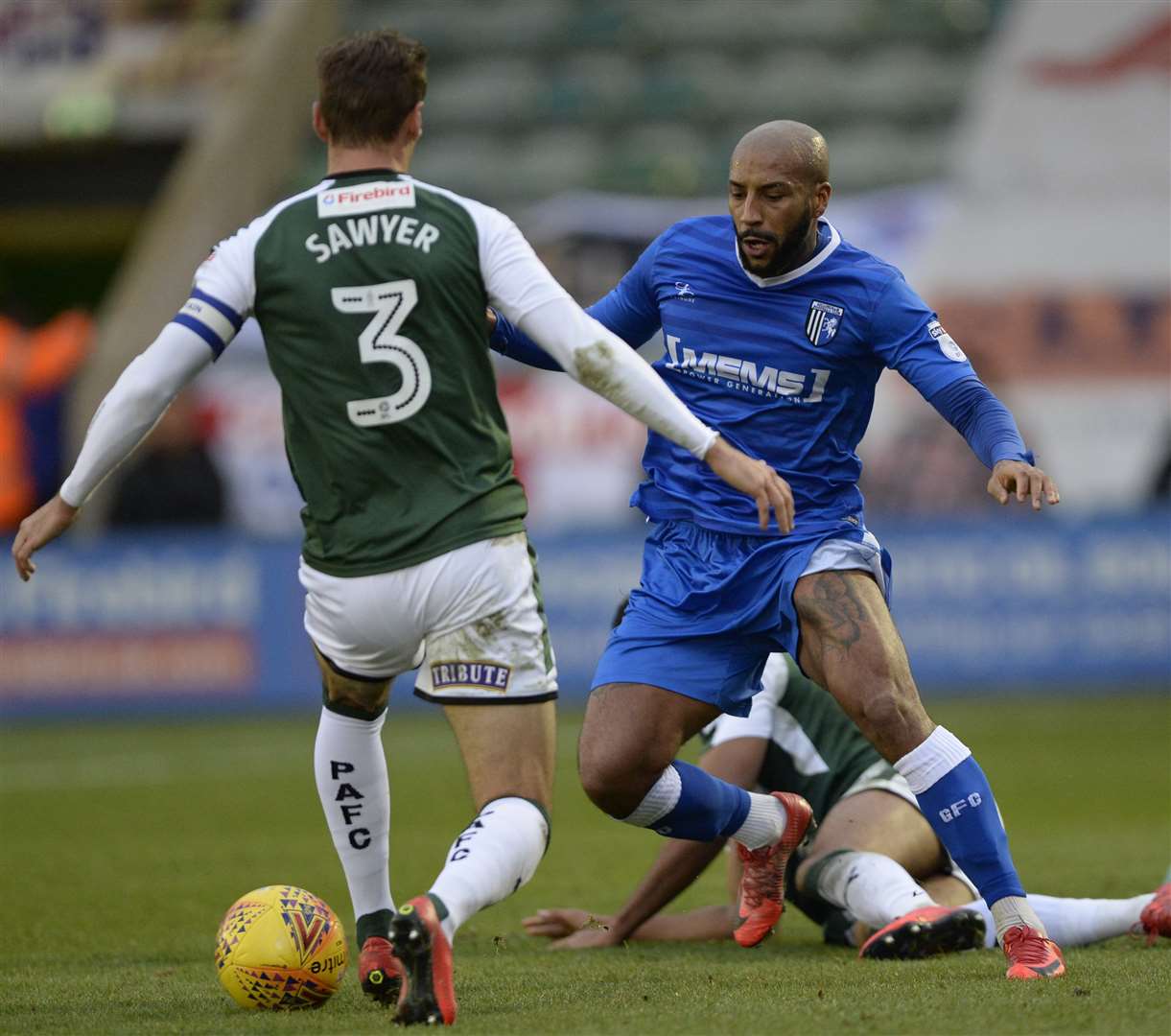 Josh Parker looks for a way past the Plymouth defence Picture: Ady Kerry