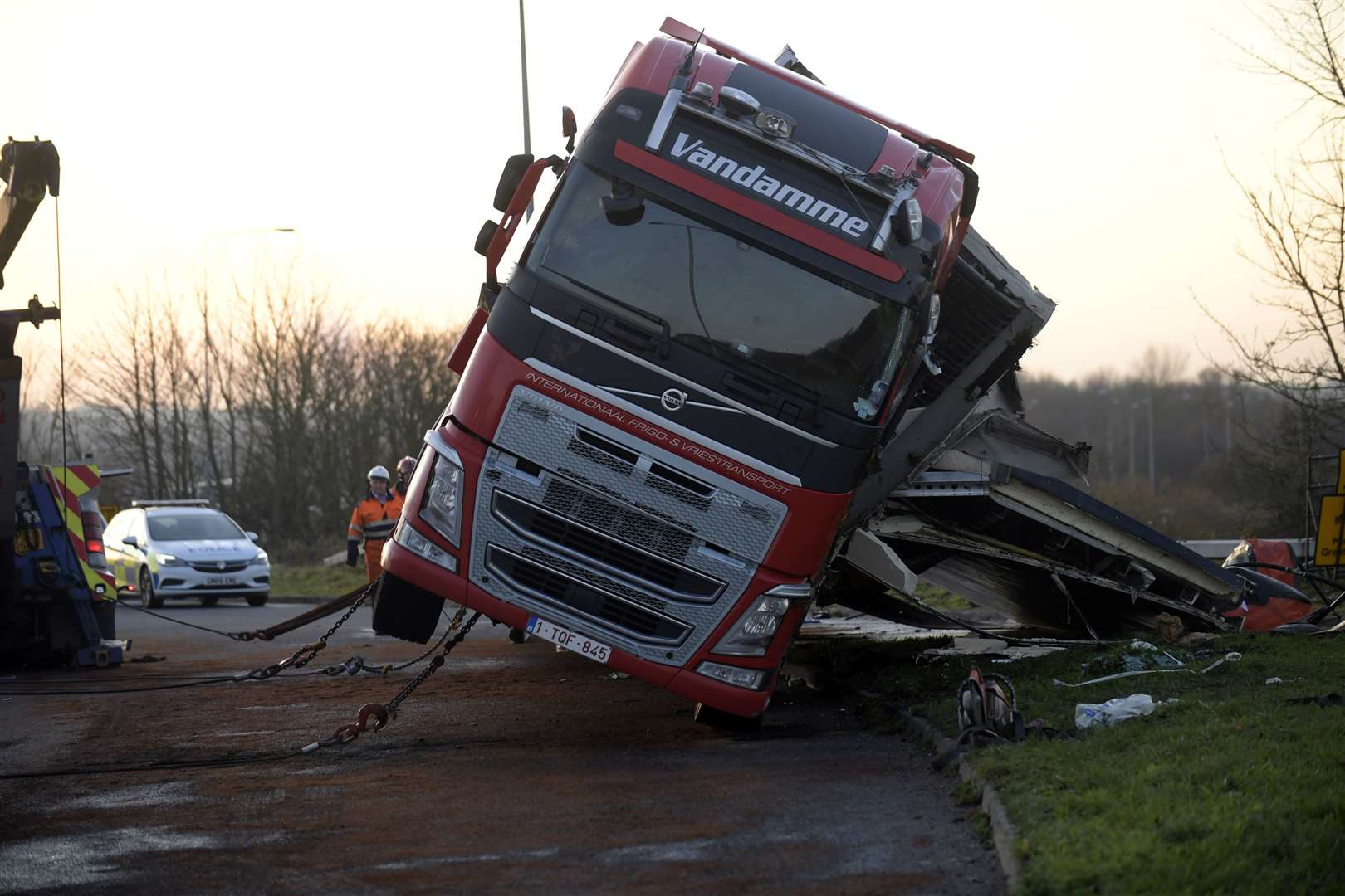 The lorry was finally lifted from its side after 12 hours. Picture: Barry Goodwin