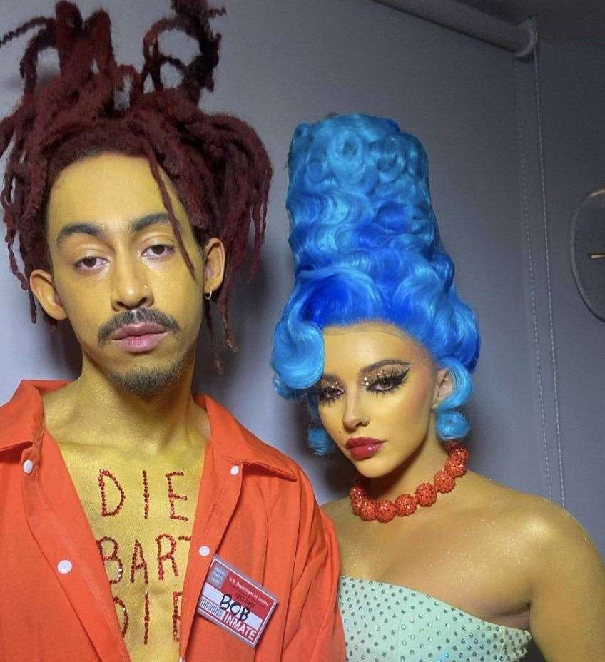 Jade and Jordan as Sideshow Bob and Marge Simpson for Halloween 2021. Picture:@jadethirlwall/Instagram