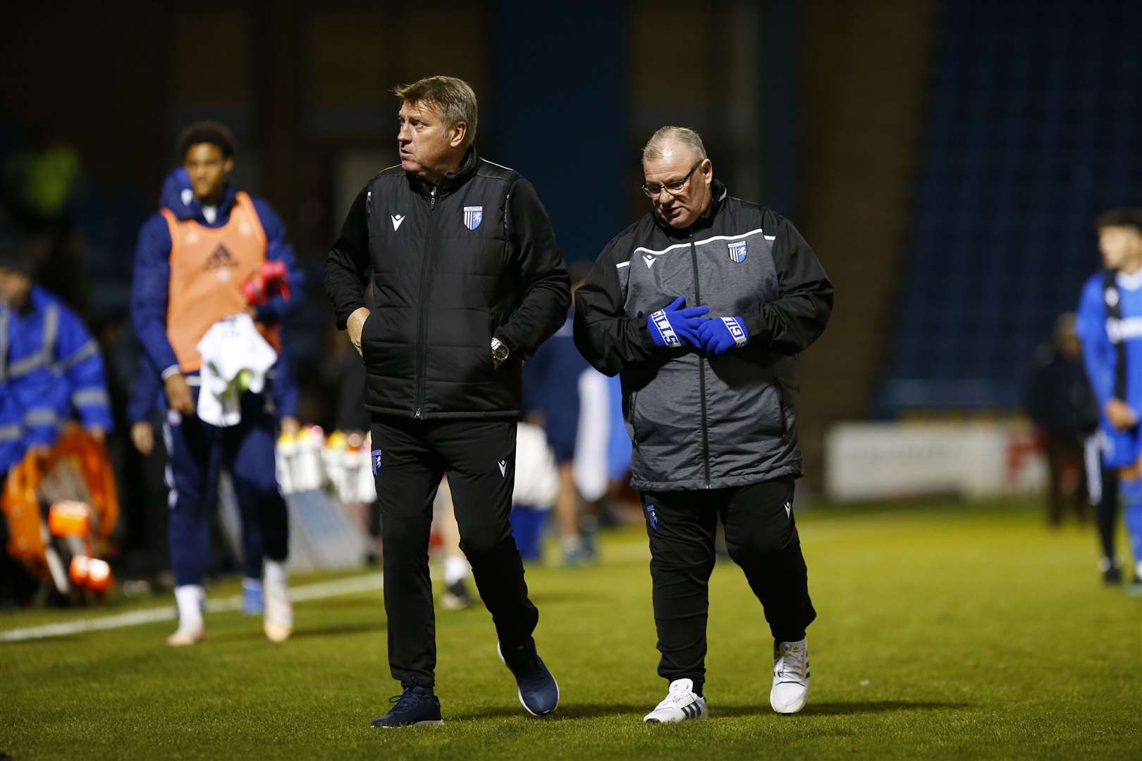 Gillingham assistant manager Paul Raynor and boss Steve Evans after the game against Ipswich Picture: Andy Jones