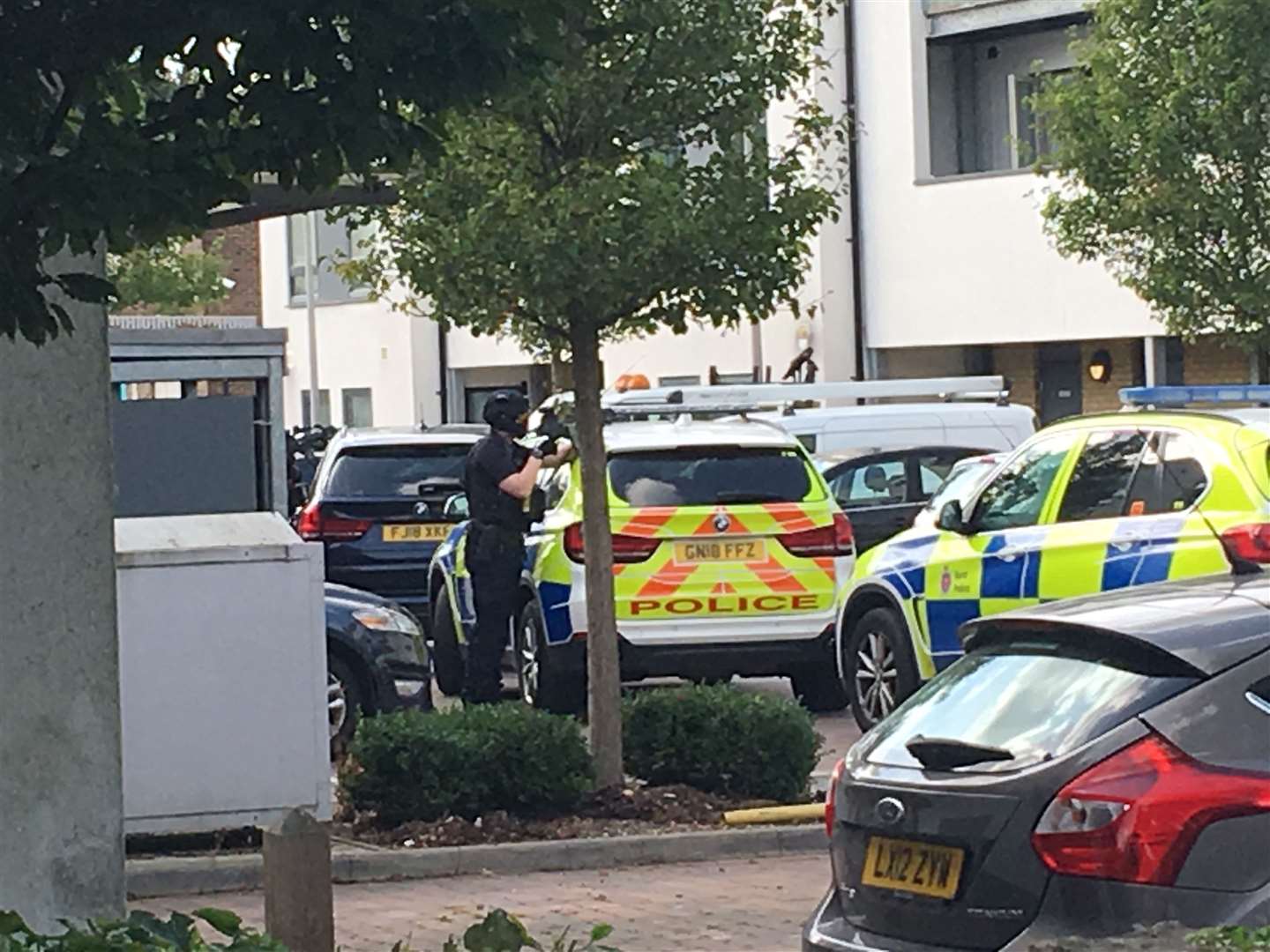 An officer has been seen pointing a gun at a block of flats (15901599)
