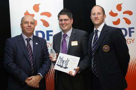 EDF Energy's HR, safety and sustainability director Tim Boylin, Gazette editor Leo Whitlock and Great Britain hockey player Ben Hawes, captain at Beijing 2008, at the London and South of England Media Awards 2010. The Gazette won weekly newspaper of the year (paid).