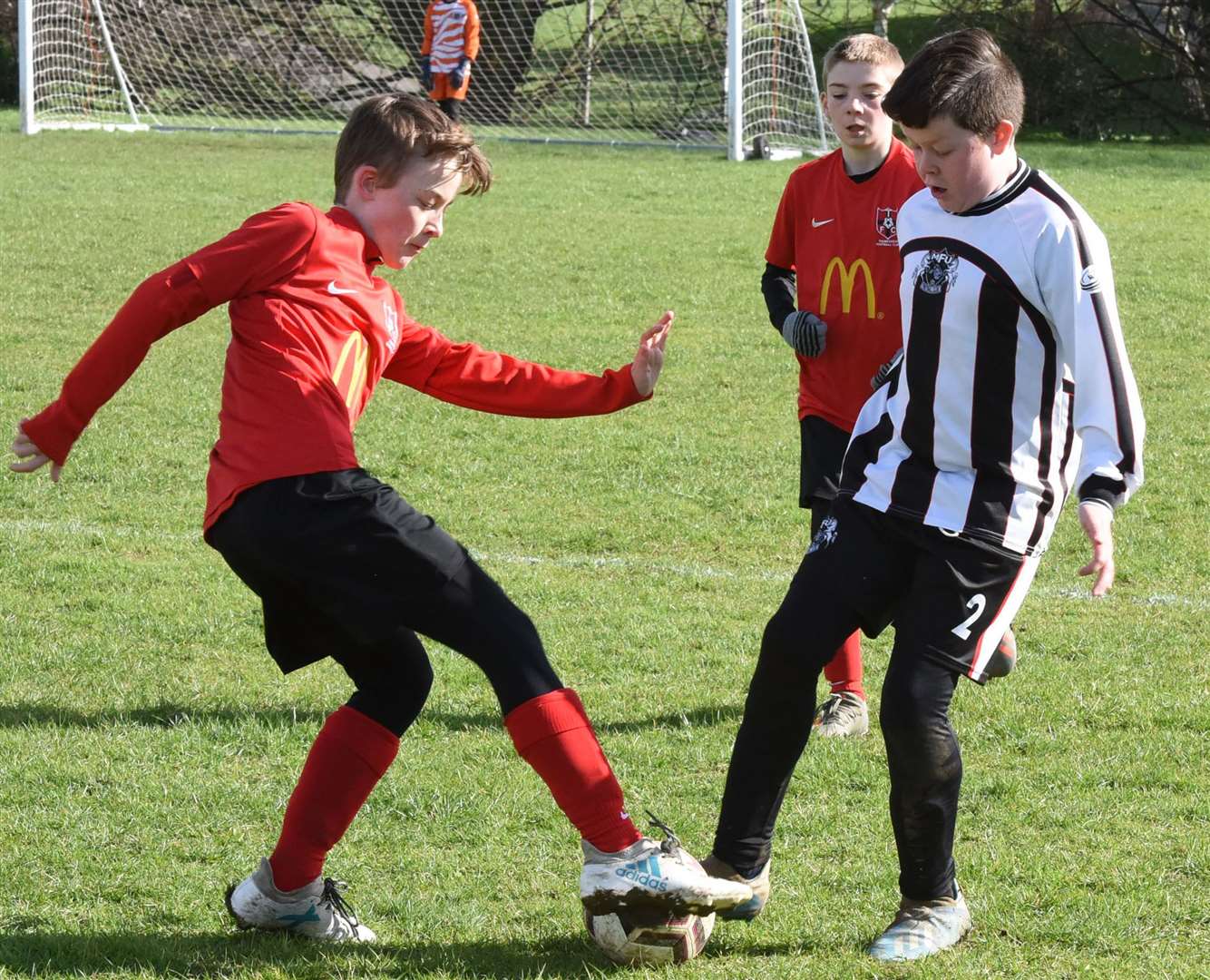 Thamesview under-12s (red) and Milton & Fulston United under-12s go toe-to-toe on Sunday. Picture: Ken Mears FM30535420