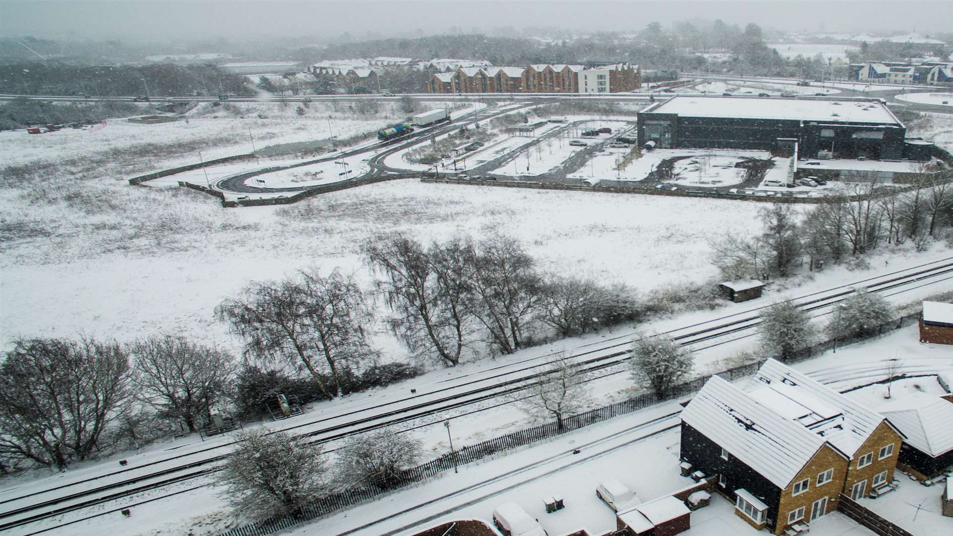 A snow-bound Ashford from the skies. Picture: Skyreel