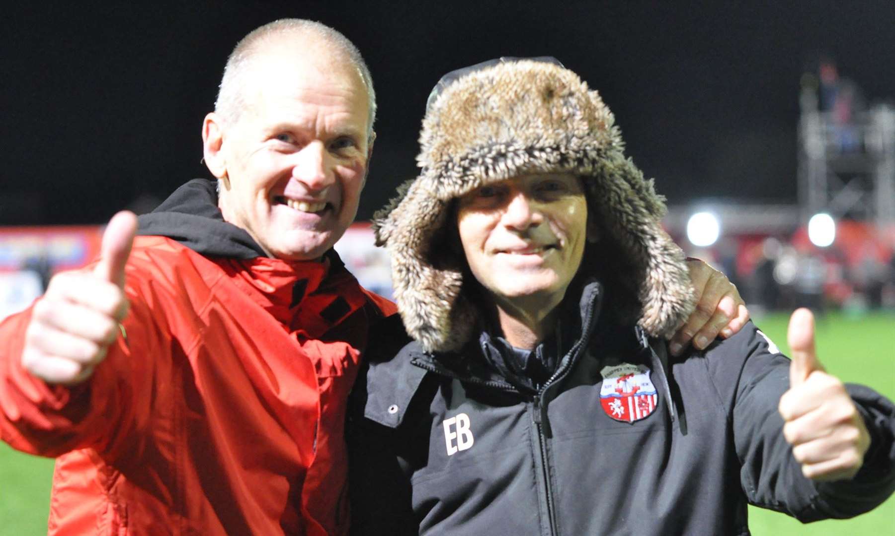 Sheppey assistant Geoff Record, left, and boss Ernie Batten give the thumbs-up as their best-ever FA Cup run is ended with a 4-1 home loss to Walsall on Friday night. Picture: Paul Owen Richards