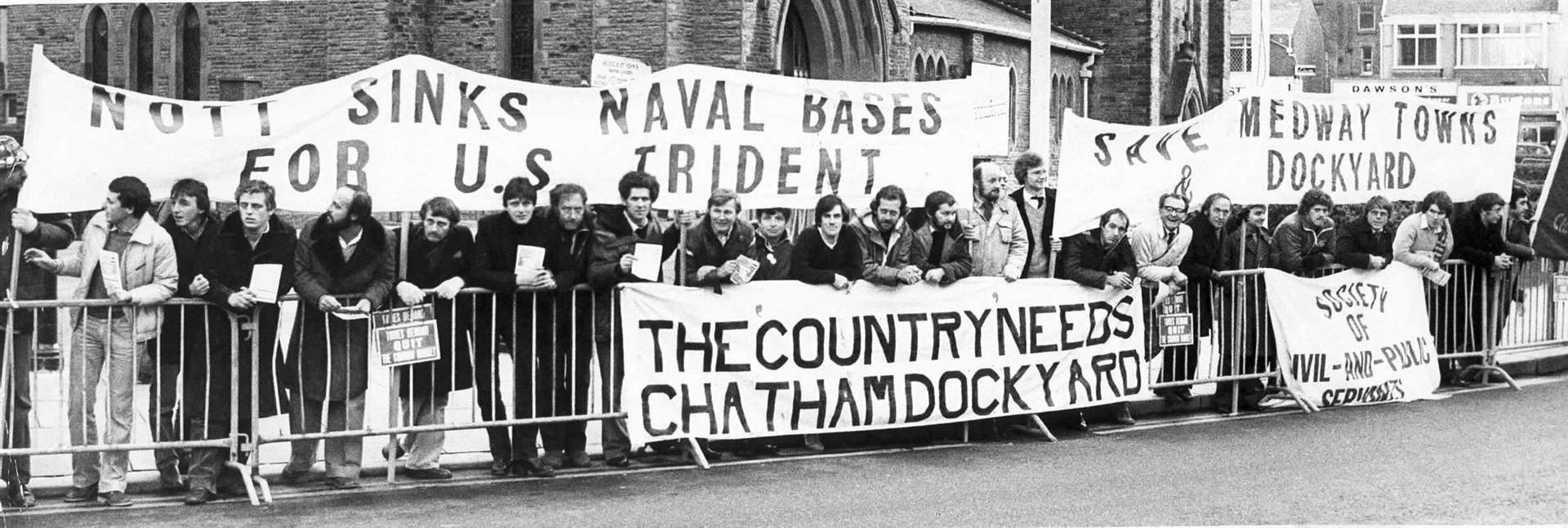 Chatham Dockyard, Yard Closure protesters get their message across on the route for delegates attending the Tory Party conference in Blackpool, October 15 1981