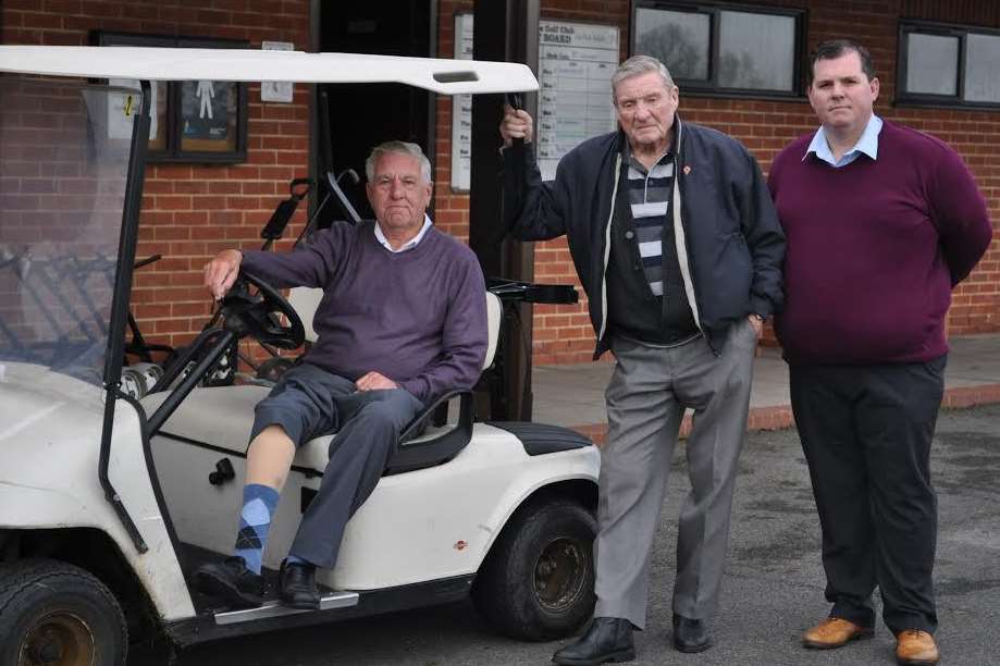 Members Chic McGlynne, with his prosthetic leg, Jim Poole and club secretary Alex Tindall standing next to a golf cart similar to the models stolen.