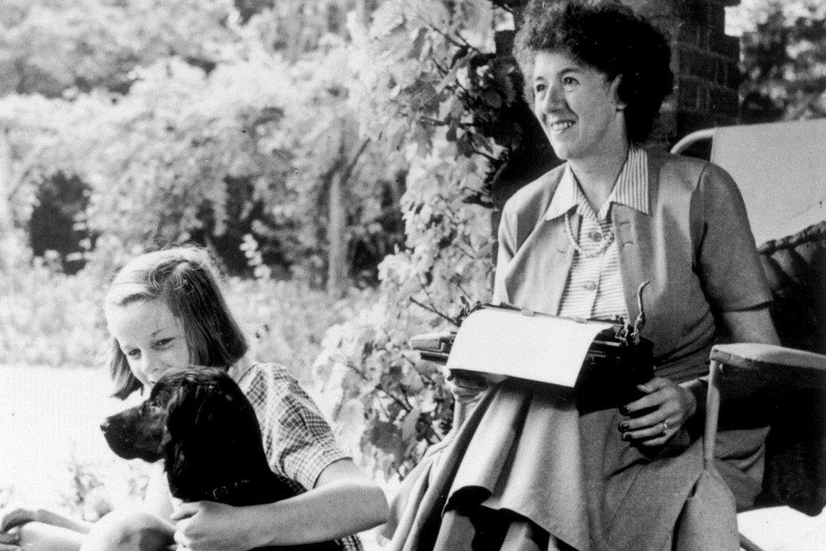 Enid Blyton with daughter Gillian and dog in a photograph taken by John Gay in 1949